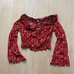 H&M Divided Crop Top Sz 4 Red Floral Off Shoulder Bell Sleeve Boho Tassel Hippie